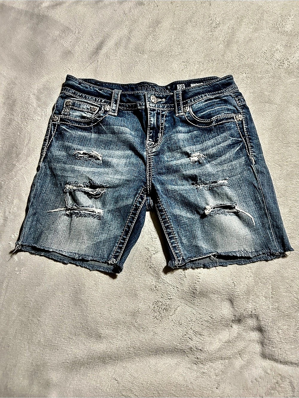Miss Me Boot Cut Distressed Denim Jean Shorts Waist 28